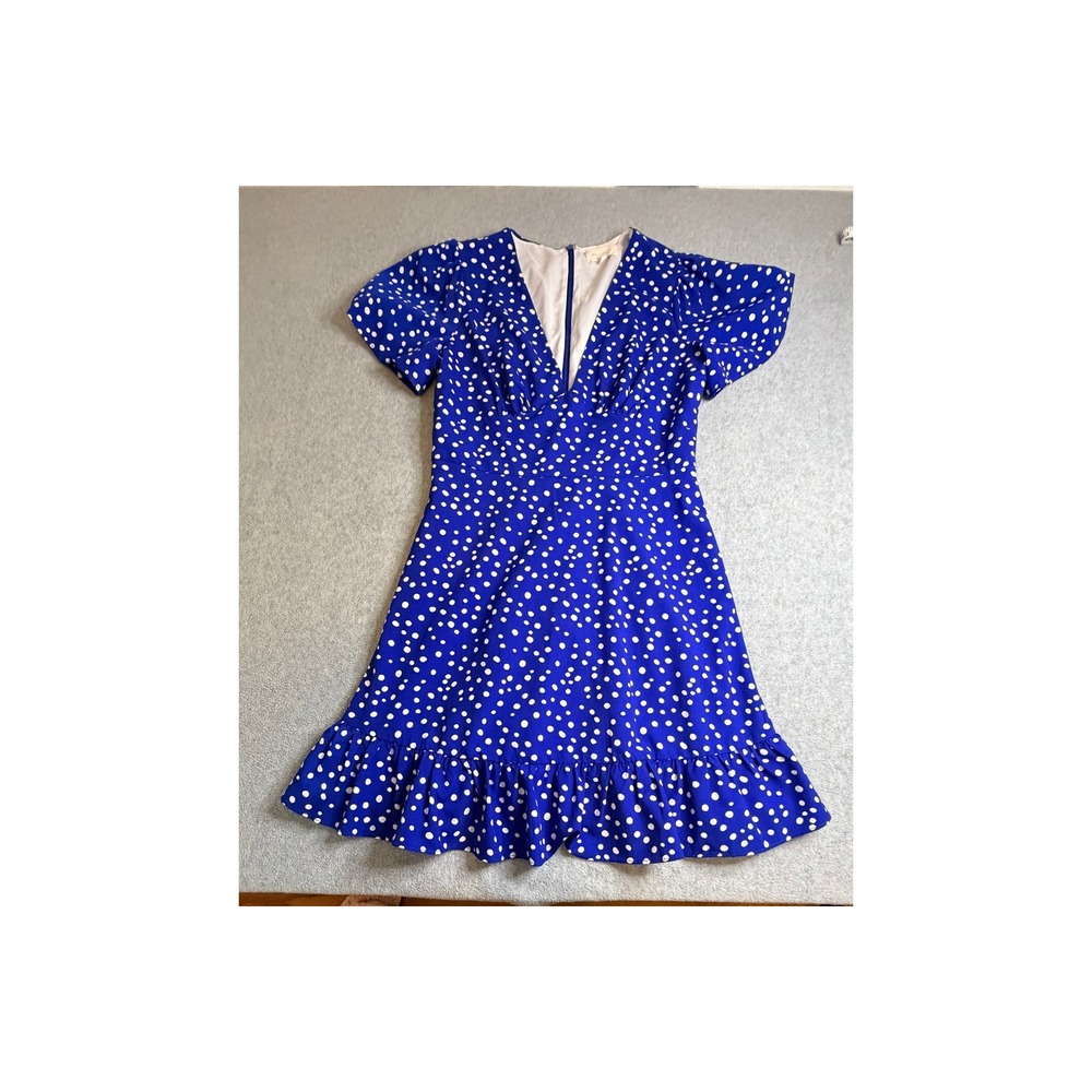 Melloday Blue Polka Dot V-Neck Ruffle Mini Dress Women's Small